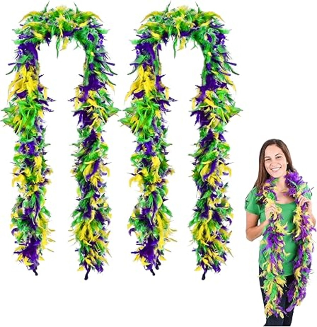 4E's Novelty 2 Pcs Mardi Gras Feather Boa 6 Ft / 72 Inch Long - Great Accessory for Mardi Gras Outfits for Women & Men, Mardi Gras Costumes for Party